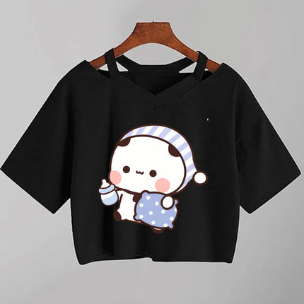 Kawaii Bubu Dudu Anime T Shirt Women Cartoon Panda Bear  Black Shirt Y2k  Aesthetic Female Crop Top