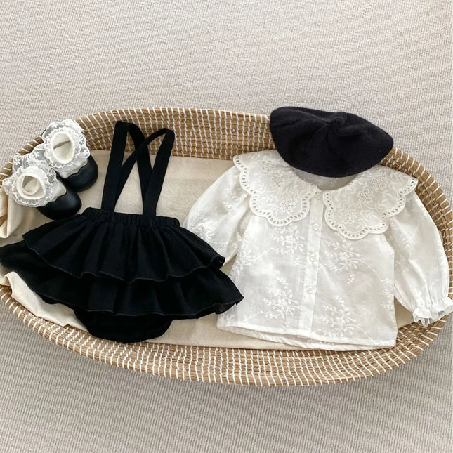8508 Baby Girl's Clothing Set 2024 Spring New Solid Color Big Lapel Girl's Shirt or Strap Bag Bloomers Sweet Toddler Suit