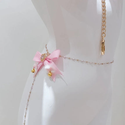 New Pink Bow Nipple Clips Heart-Shaped Gemstone Collar Leash Set with Body Chain Sexy Accessories Anal Plug with Tail Sex Toys