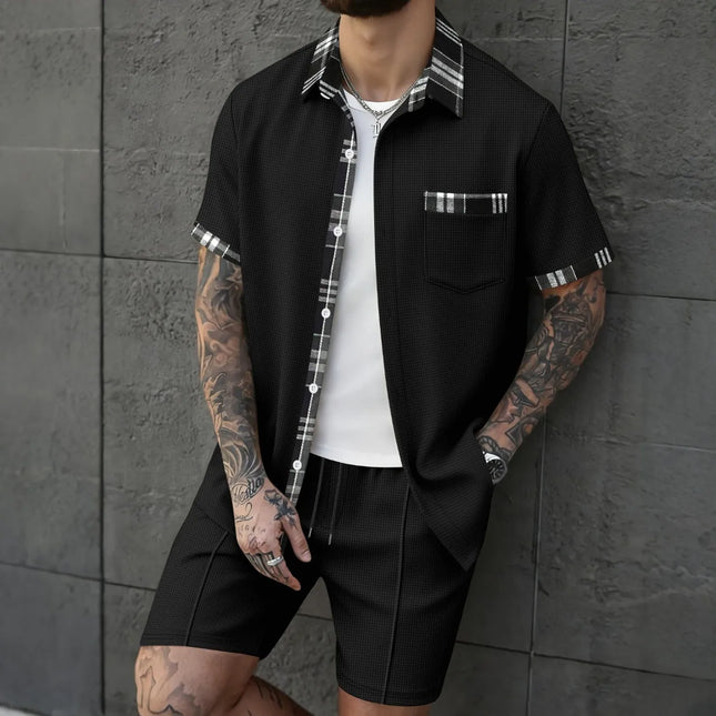 2026 New Men's 2 Piece Outfit Waffle Knit Short Sleeve Shirt & Shorts Set Casual Streetwear Tracksuit