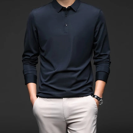 Minglu Mulberry Silk Men's Polo Shirts Luxury Long Sleeve Solid Color Golf Male T-shirts Spring Autumn Business Casual Man Tees
