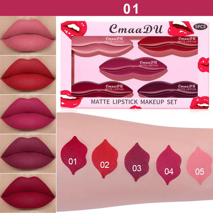 5pcs Matte Lipstick Makeup Set Super Smooth Texture Long Lasting Lipstick Kit High Pigment Sexy Lip Stick with Perfect Gift Box