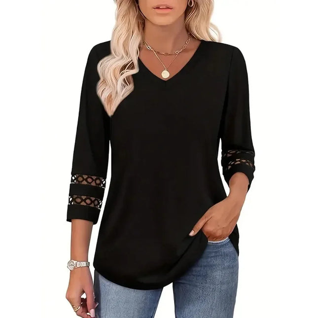 Plus Size New Women's Solid 3/4 Sleeve Hollow Out V-Neck Blouse Tops Ladies Casual Holiday Pullover