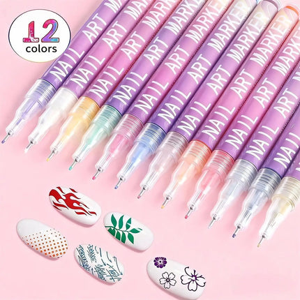 12 Colors Nail Art Pens Set 3D Nail Polish Pen Graffiti Dotting Pen Acrylic Paint Pens Point Liner Pen Drawing Painting Nail Art