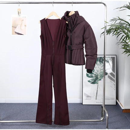 Women Peplum Ski Jackets Hooded Stand Collar Belt Waist Zipper Solid Puffer Jacket Fashion Sheath Warm Sport Winter 2025 Skiwear