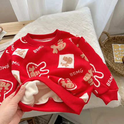 Toddler Boy Causal Warm Children Long-sleeve Fit Plush Sweater Fall Winter Outwear Kid Girl Crew Neck Thicken Knitted Sweatshirt