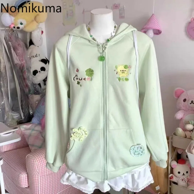 Women Clothing Anime Zip-up Hoodie Jackets Cat Embroidery Cute Outerwear Hooded Casual Fashion Sweatshirts Japanese Cute Tops