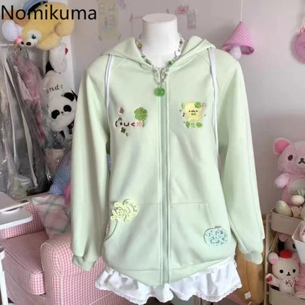 Women Clothing Anime Zip-up Hoodie Jackets Cat Embroidery Cute Outerwear Hooded Casual Fashion Sweatshirts Japanese Cute Tops