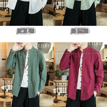 Versatile Loose-fit Long Sleeve Shirt Men's Casual Chinese Style Tang Suit Jacket Summer Lightweight Linen Top