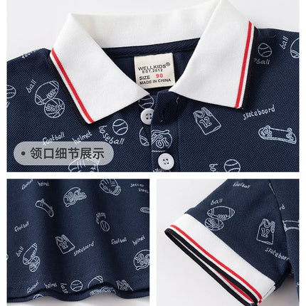 2026 New Summer Kids Polo Shirts 2-6T Loose Thin Cotton Children Clothes Girls T-shirt Tops Full Print Cartoon Boys Short Sleeve