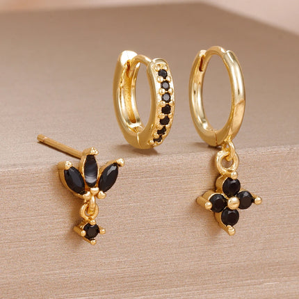 3PCS Fashion Orange Blue Zircon Hanging Earrings Set for Women Stainless Steel Flower Dangle Earring Piercing Jewelry