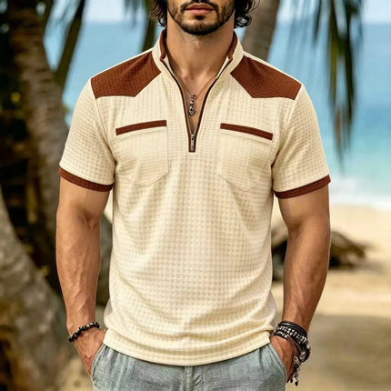 2026 New Men's Short Sleeve T Shirt Grid lapel Polo Shirt with Pockets Breathable Loose Basic Shirts for Men Lightweight Tops