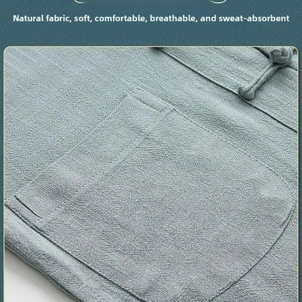 Men's Spring Summer Chinese Style Cotton Linen Long Sleeve Two-Piece Set Traditional Clothing Loose Fit Square Collar Shirt