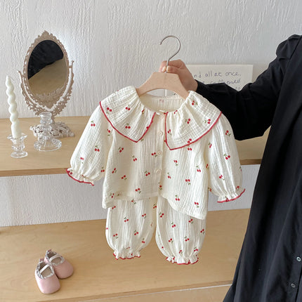 Little Cherry, a full-print long-sleeved set with a large lapel, sweet and casual long pants