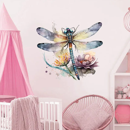 M739 Beautiful flowers and Dragonfly Insect Wall Sticker Kids Room Bedroom Home Decoration Wallpaper Self Adhesive Decals