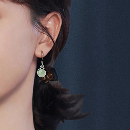 PANJBJ 925 Sterling Silver Jade Drop Earring for Women Zircon Round  Classic Grace Ethnic Jewelry Anniversary Gift Dropshipping