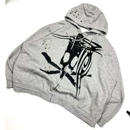 Retro Light Grey Zipper Hoodie for Men And Women Harajuku Style Gothic Chicken Eye Pattern Printed Casual Streetwear Sportswear
