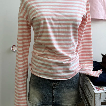 Pink Striped Slim Long Sleeve Tees Women Spring Casual Cotton O-neck Tshirt New Tops Clothes Sweet Cute  Vintage T-shirts Y2K