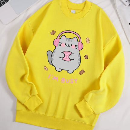 I'M Busy Cute Cat Prints Hoodies Womens Comfortable Sweatshirts 2025 Autumn and Winter Hoodie Warm Casual Women Clothes