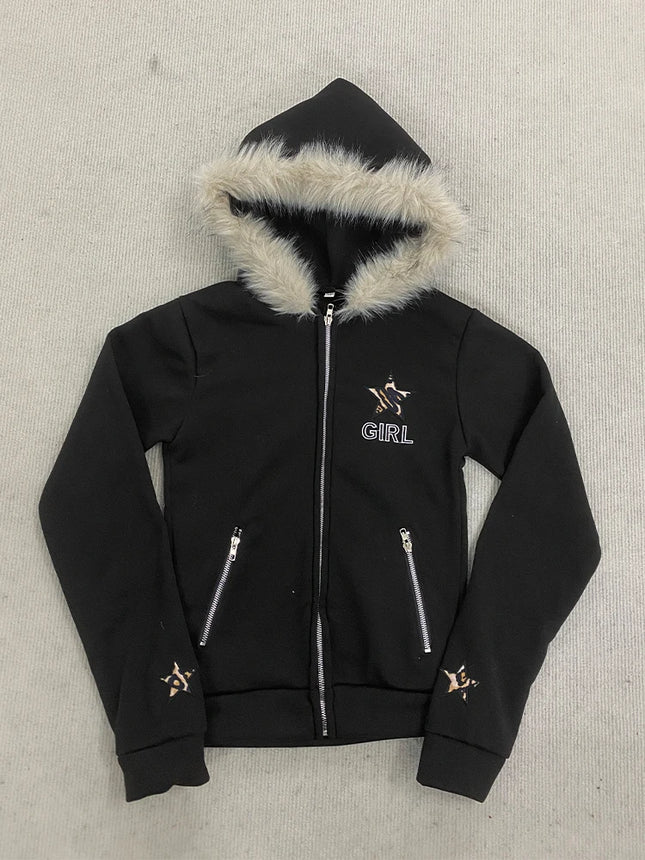 Vintage American Retro White Letter Hoodie Women Winter Faux Fur Lined Zip Up Sweatshirt Cozy Pullover Streetwear 2026 New