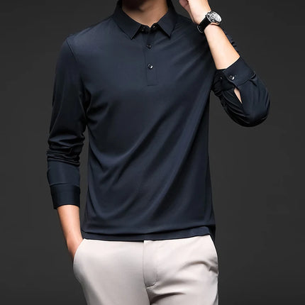 Minglu Mulberry Silk Men's Polo Shirts Luxury Long Sleeve Solid Color Golf Male T-shirts Spring Autumn Business Casual Man Tees