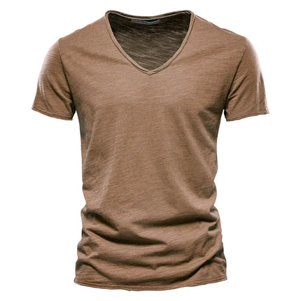 Brand Quality 100% Cotton Men's T-shirt V-neck Fashion Design Slim Fit Solid T-shirts Male Tops Tees Short Sleeve T-Shirt For Men