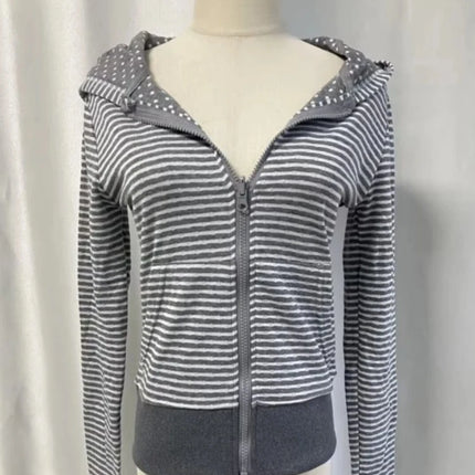American Streetwear Women Striped Hooded Cardigan Autumn Slim Fit Cropped Zip Up Sweatshirt Casual Long Sleeve Outerwear Coat