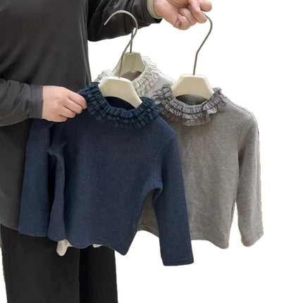 Girls' Autumn and Winter New Velvet Base Shirt 2025 New Stylish Design Solid Color Three-layer Lace Long Sleeved Top