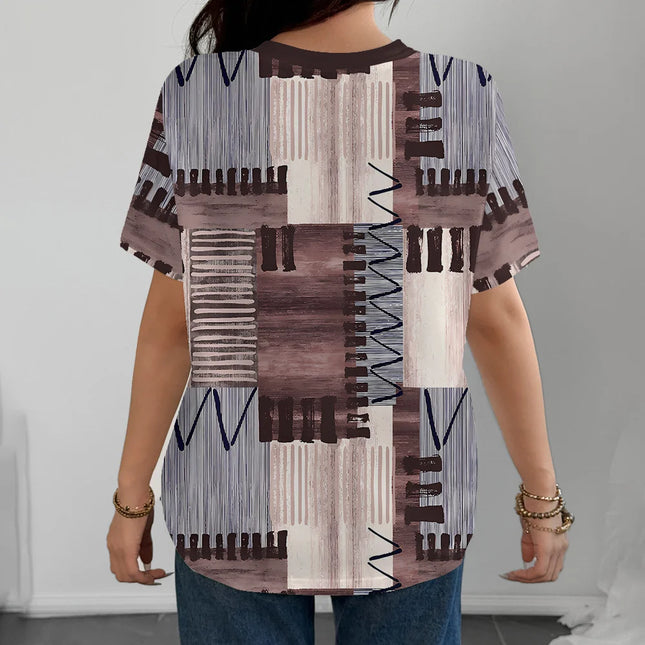 Abstract Brown And Beige Pattern Print Tee for Women – Modern Art-Inspired Casual Summer Short Sleeve Top
