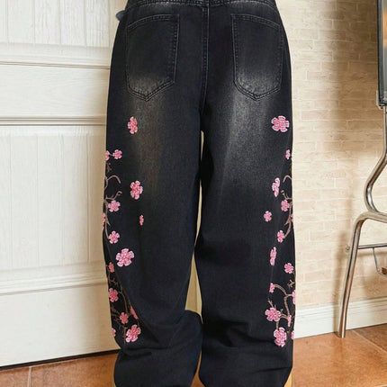 Men's Black Vintage Loose Wide-Leg Jeans, Four-Season Street-Style Ripped Denim Pants with Cherry Blossom Embroidery