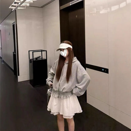 Wooden Edge Collar Long Sleeve Hoodie Jacket Women Fashion Anti-aging Zipper Top Comfortable Casual Style Polyester Fabric