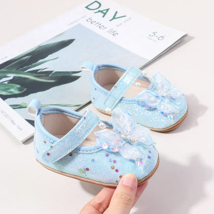 Shiny 3D Butterfly Princess Dress Shoes for Baby Girl Glitters Flats Non-Slip Crib Shoes Walking Shoes for Toddlers Infants