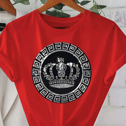 Luxury Crown Medallion Women's Tee - Modern Chic Graphic, Casual White Top