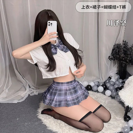 Sexy Pleated Skirt Lingerie Set Women's Passionate JK Uniform Cute Student Short Skirt Roleplay Costume Polyester Fabric