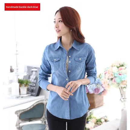 Slim Fit Cotton Denim Shirt Long Sleeve Women's Spring Autumn Summer Student Professional Outerwear Fashionable Casual Top