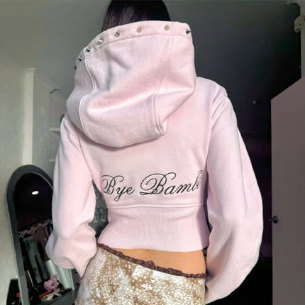 American Vintage Long Sleeves Women Print Zipper Tops Retro Y2k Punk T-shirt European Fashion Streetwear Spring Y2k 2000s Gothic