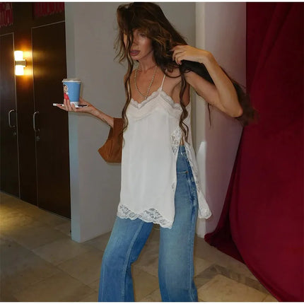 Women Lace Patchwork Sling Top Sexy V-neck Sleeveless Side Split Solid Color Vest 2025 New Summer Lady Party Vacation Tops