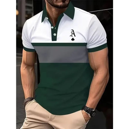 3D Printed Color Striped Polo Shirt for Men with Spade A Pattern Short Sleeved Summer New Style Lapel Top