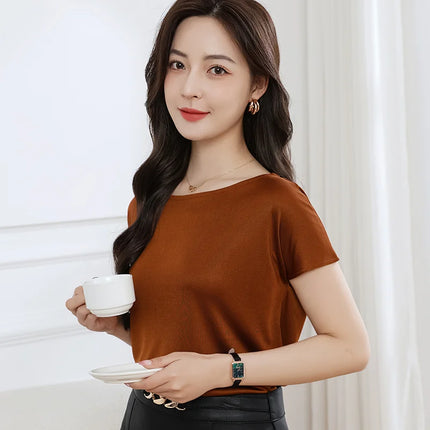 Summer women's short sleeved acetate fabric high-end knitted women's T-shirt thin European style hot selling women's T-shirt