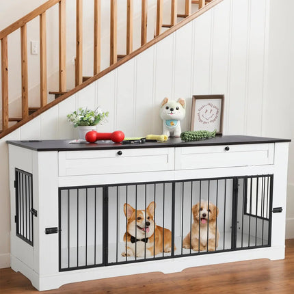Large Heavy Duty Wooden Dog Crate Furniture End Table with Charging Station & Drawers for Indoor Pet House, 70.86'', Custom