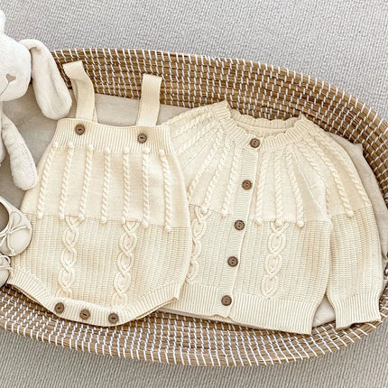 Autumn Spring Korean Style Children Knitted Clothing Suit Long Sleeved Solid Color Cardigan+Jumpsuit Infant Baby Clothes Set