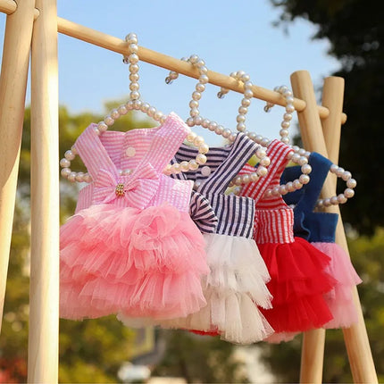 Dog Dress Girls Summer Clothes for Dogs Cat with Bowknot Clips Lace Striped Pet Suspenders Puppy Princess Dresses Dog Tutu Skirt