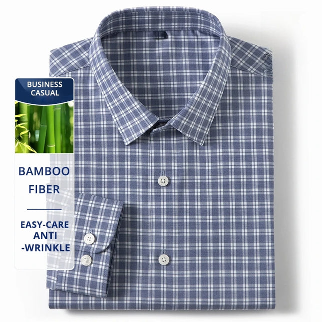 Premium Bamboo Fiber Anti-wrinkle Fashion Men Shirts Checkered Designer Long Sleeve Slim Fit Spring Autumn Business Casual Tops