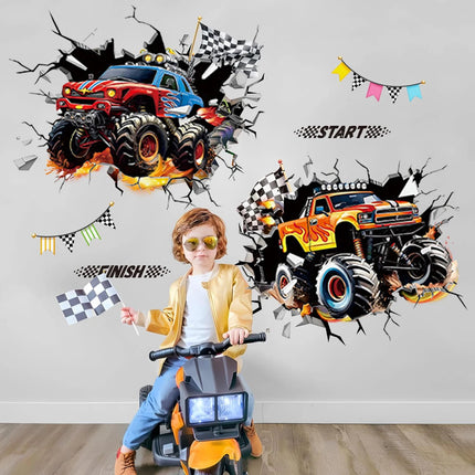 3D Racing Car Wall Decals for Kids Room Monster Truck Break Through Wall Sticker Peel Decal for Baby Boys Bedroom Playroom Decor