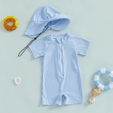 Toddler Boy Striped Swimsuit Short Sleeve Half Zipper Non-Pilling Rash Guard Swimwear Sunhat Set