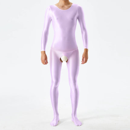 1pc Men Sexy Glossy Bodystocking Long Sleeve Body Jumpsuits Crotchless Bodysuit Ultra-thin Sheer Oily Shiny Underwear