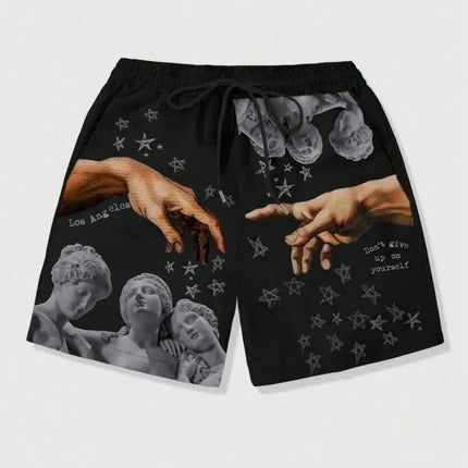 European and American men's summer luxurious statue print comfortable breathable drawstring shorts outdoor vacation casual pants