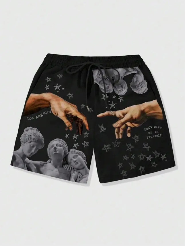European and American men's summer luxurious statue print comfortable breathable drawstring shorts outdoor vacation casual pants