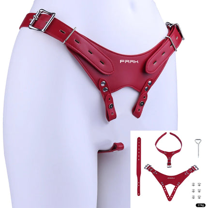 NSFU Black/Red Male Chastity Belt PU Material Cock Lock Assisted Restraint T-Pants Harness Sexy Accessories Sex Toy For Men 18+