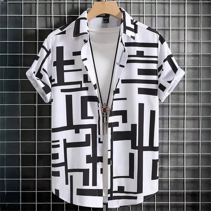 2026 Summer Men's Short-Sleeve Shirt with Asymmetrical Print Hawaiian-Style Collar Plus Size Casual Men's Wear